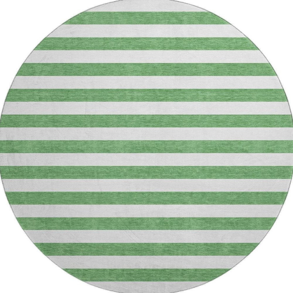 8' Green And Ivory Striped Washable Round Rug With UV Protection