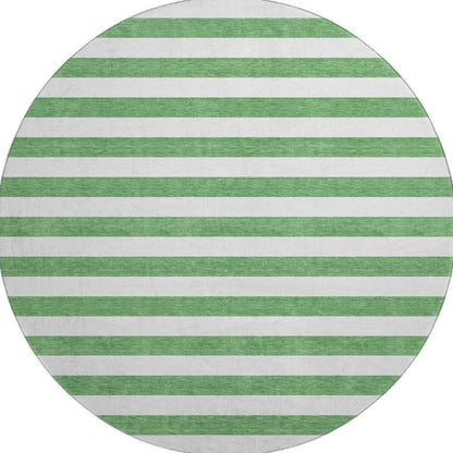 8' Green And Ivory Striped Washable Round Rug With UV Protection