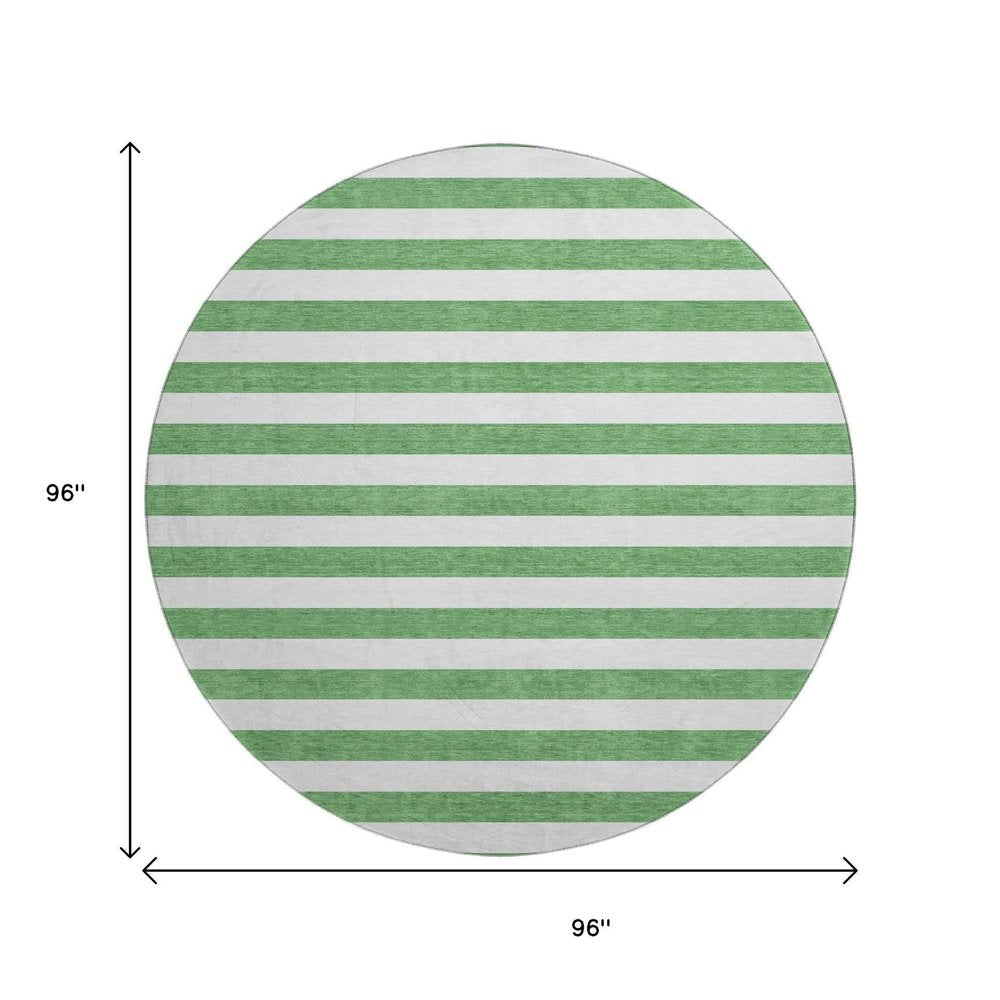 8' Green And Ivory Striped Washable Round Rug With UV Protection