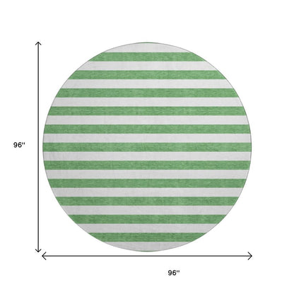 8' Green And Ivory Striped Washable Round Rug With UV Protection