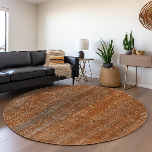 8' Rust And Gray Striped Washable Round Rug With UV Protection