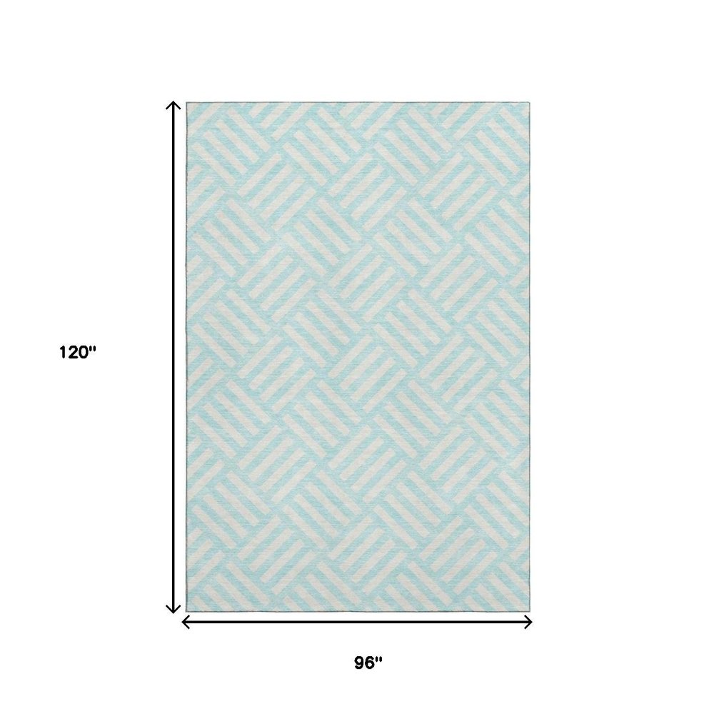 8' X 10' Aqua And Ivory Geometric Washable Area Rug With UV Protection