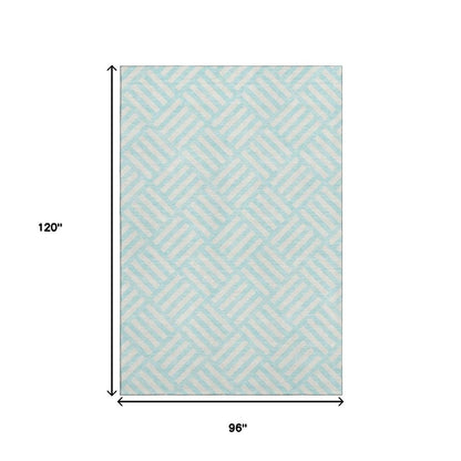 8' X 10' Aqua And Ivory Geometric Washable Area Rug With UV Protection