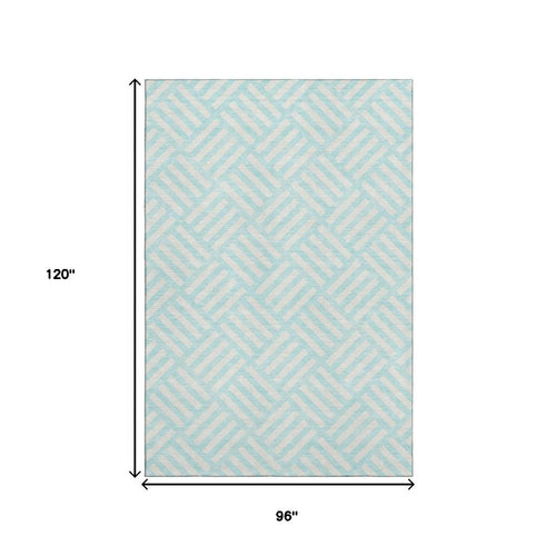 8' X 10' Aqua And Ivory Geometric Washable Area Rug With UV Protection