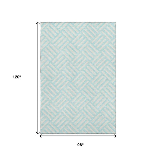 8' X 10' Aqua And Ivory Geometric Washable Area Rug With UV Protection