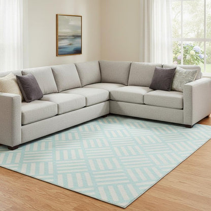 8' X 10' Aqua And Ivory Geometric Washable Area Rug With UV Protection
