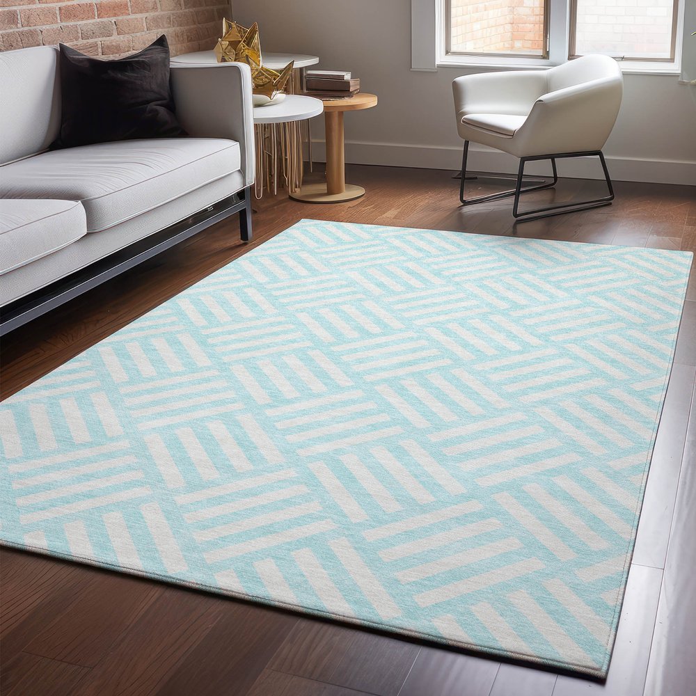 8' X 10' Aqua And Ivory Geometric Washable Area Rug With UV Protection