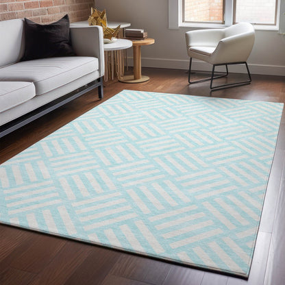 8' X 10' Aqua And Ivory Geometric Washable Area Rug With UV Protection