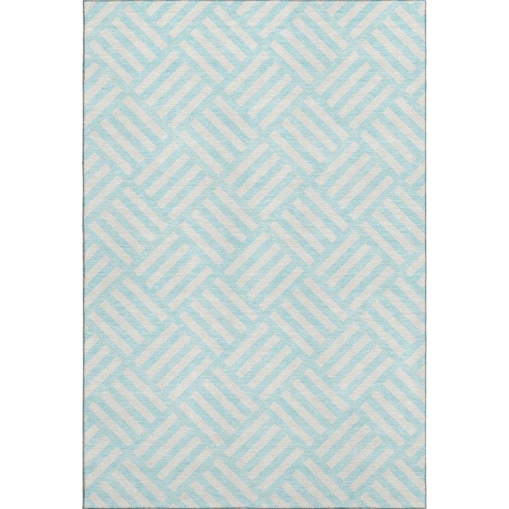 8' X 10' Aqua And Ivory Geometric Washable Area Rug With UV Protection