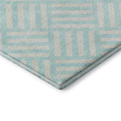 8' X 10' Aqua And Ivory Geometric Washable Area Rug With UV Protection