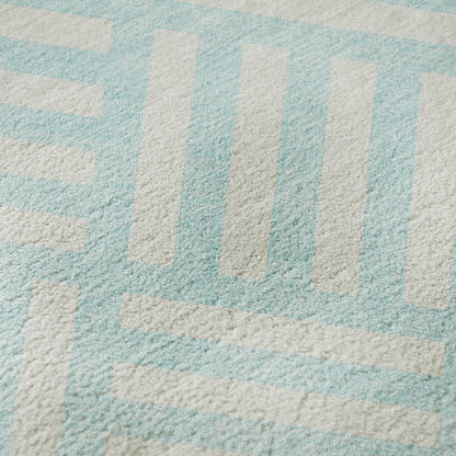 8' X 10' Aqua And Ivory Geometric Washable Area Rug With UV Protection