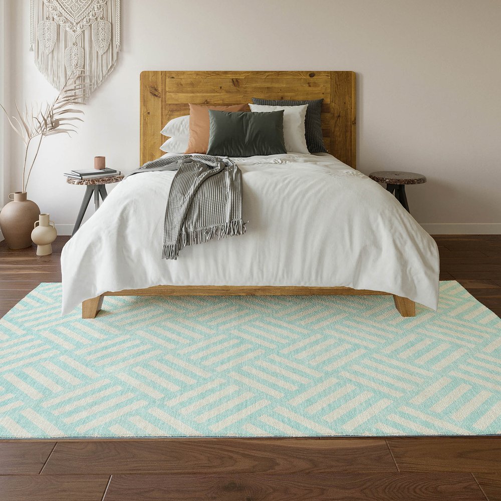 8' X 10' Aqua And Ivory Geometric Washable Area Rug With UV Protection
