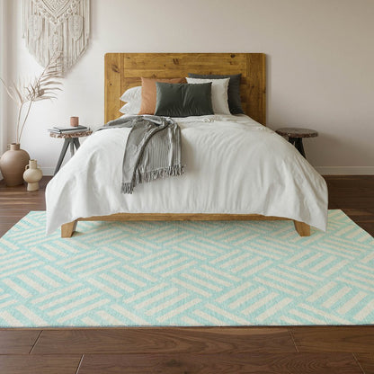 8' X 10' Aqua And Ivory Geometric Washable Area Rug With UV Protection