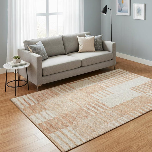 5' X 8' Salmon And Ivory Striped Washable Area Rug With UV Protection