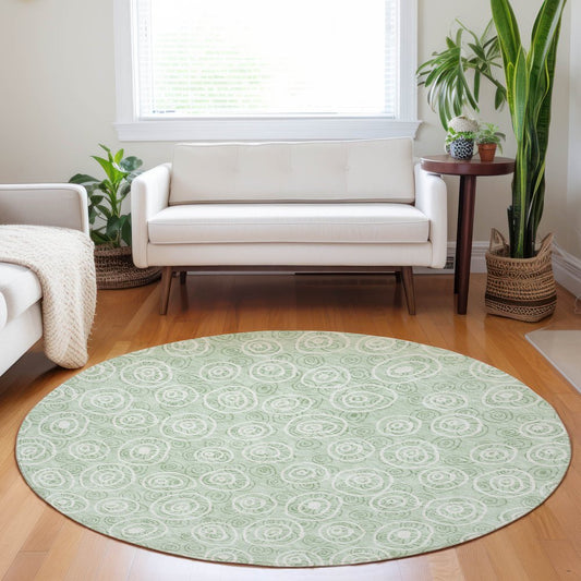 8' Mint Green And Ivory Polka Dot Washable Round Rug With UV Protection