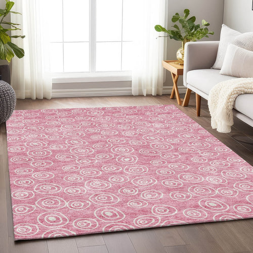 8' X 10' Pink And Ivory Polka Dot Washable Area Rug With UV Protection