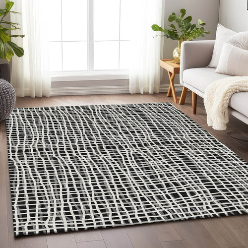 5' X 8' Black And Ivory Striped Washable Area Rug With UV Protection