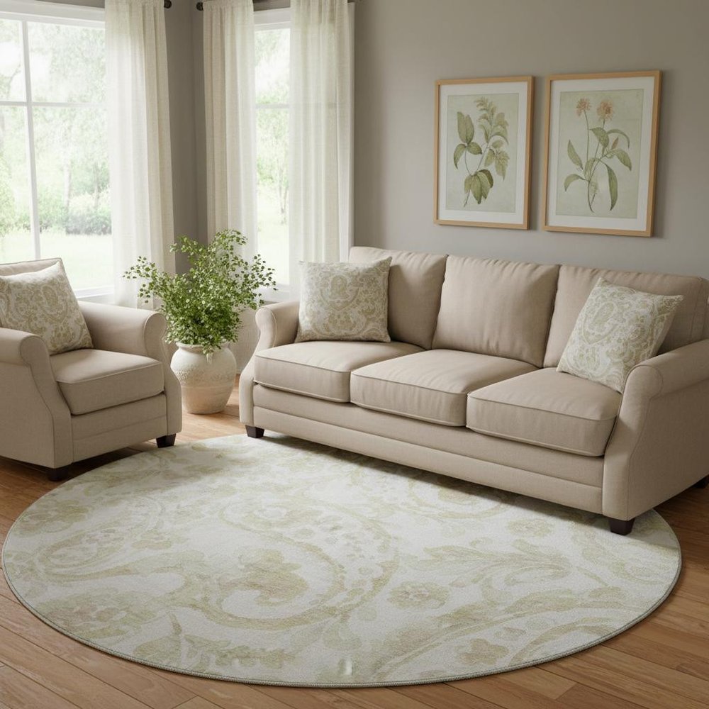 8' Beige And Ivory Paisley Washable Round Rug With UV Protection