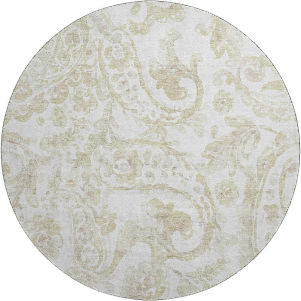 8' Beige And Ivory Paisley Washable Round Rug With UV Protection