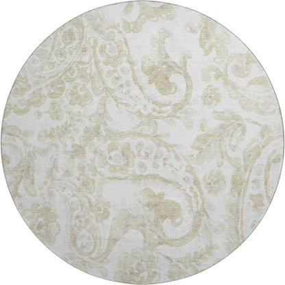 8' Beige And Ivory Paisley Washable Round Rug With UV Protection