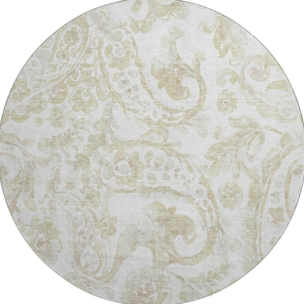 8' Beige And Ivory Paisley Washable Round Rug With UV Protection