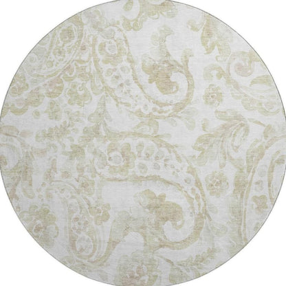 8' Beige And Ivory Paisley Washable Round Rug With UV Protection