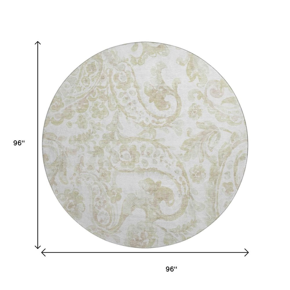 8' Beige And Ivory Paisley Washable Round Rug With UV Protection