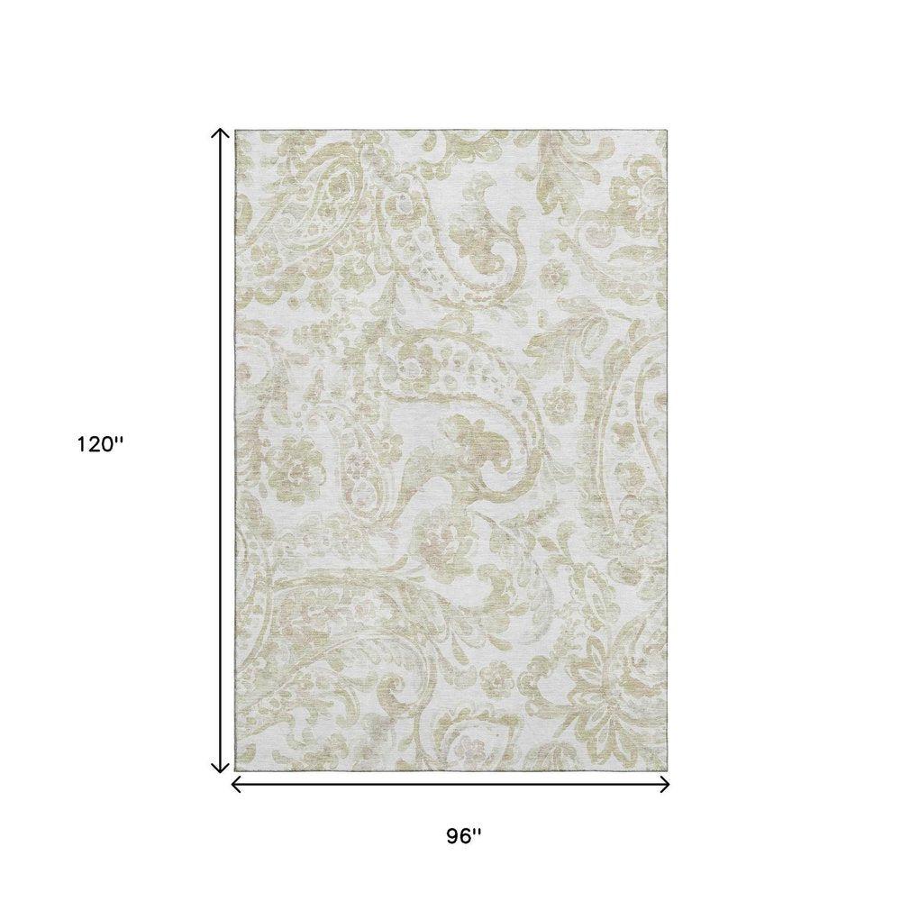 8' X 10' Beige And Ivory Paisley Washable Area Rug With UV Protection