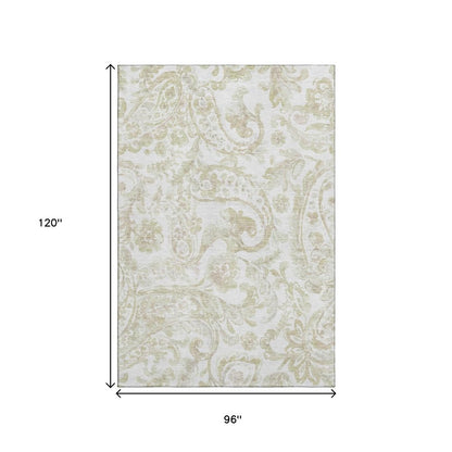 8' X 10' Beige And Ivory Paisley Washable Area Rug With UV Protection