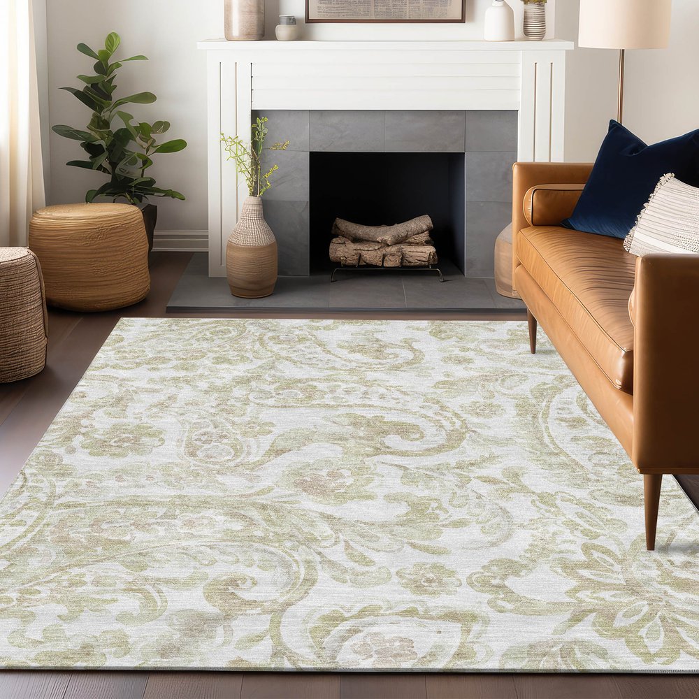 8' X 10' Beige And Ivory Paisley Washable Area Rug With UV Protection