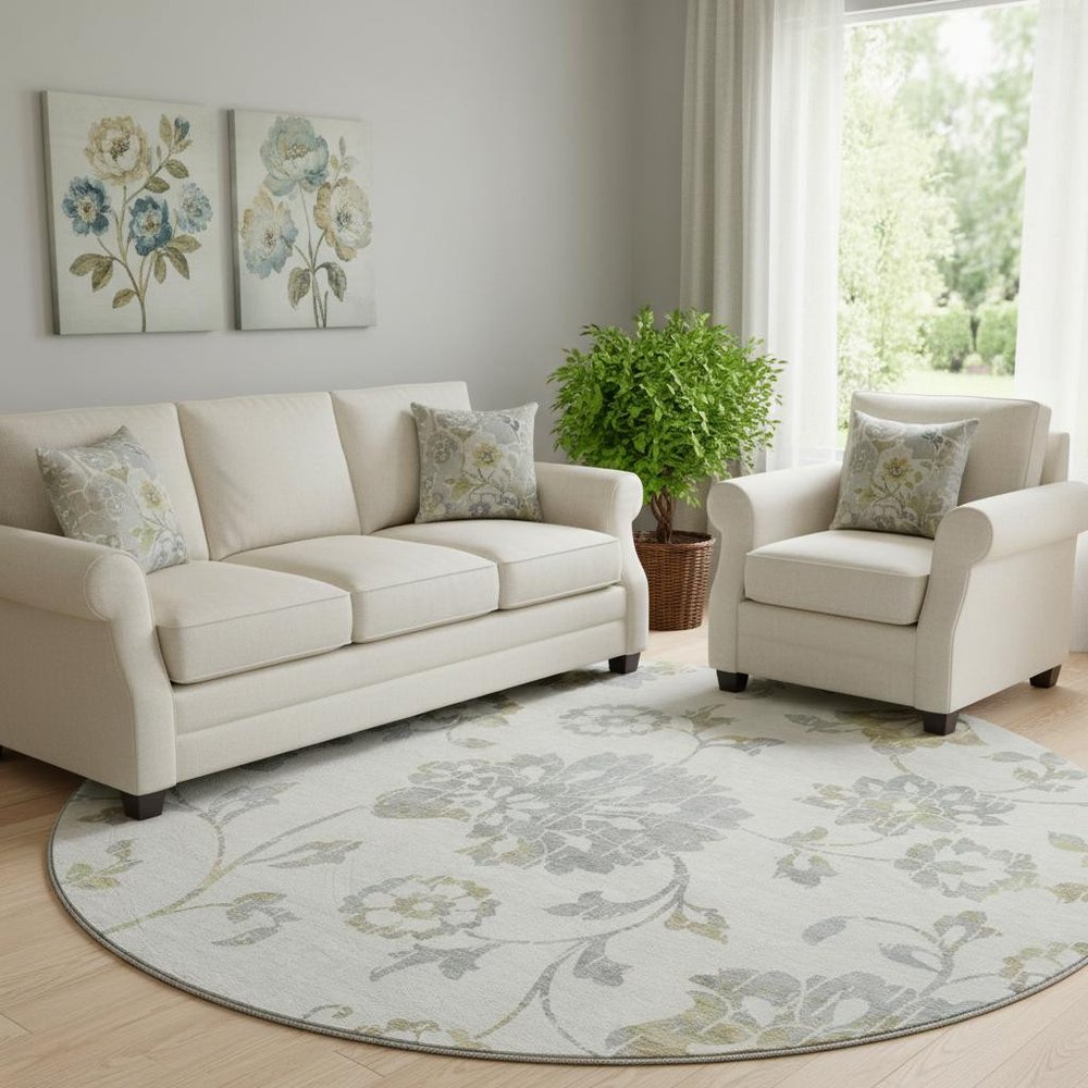 8' Ivory Gray And Gold Floral Washable Round Rug With UV Protection