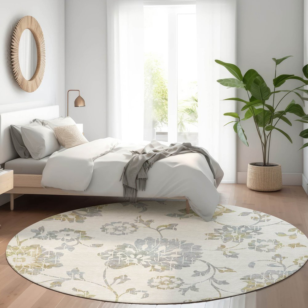 8' Ivory Gray And Gold Floral Washable Round Rug With UV Protection