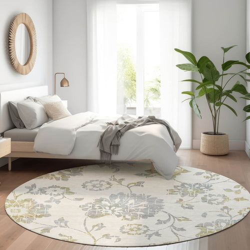 8' Ivory Gray And Gold Floral Washable Round Rug With UV Protection