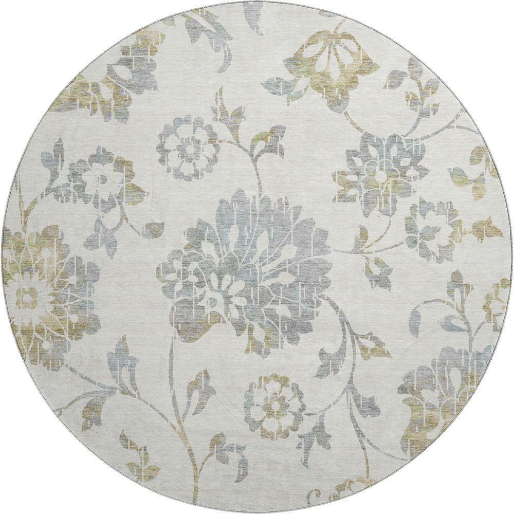 8' Ivory Gray And Gold Floral Washable Round Rug With UV Protection