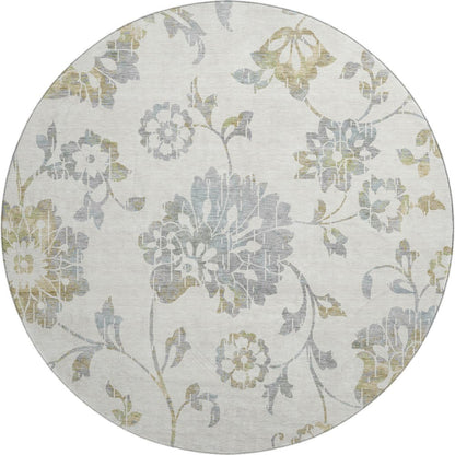 8' Ivory Gray And Gold Floral Washable Round Rug With UV Protection