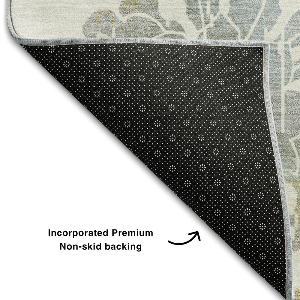 8' Ivory Gray And Gold Floral Washable Round Rug With UV Protection