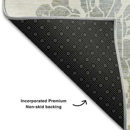 8' Ivory Gray And Gold Floral Washable Round Rug With UV Protection