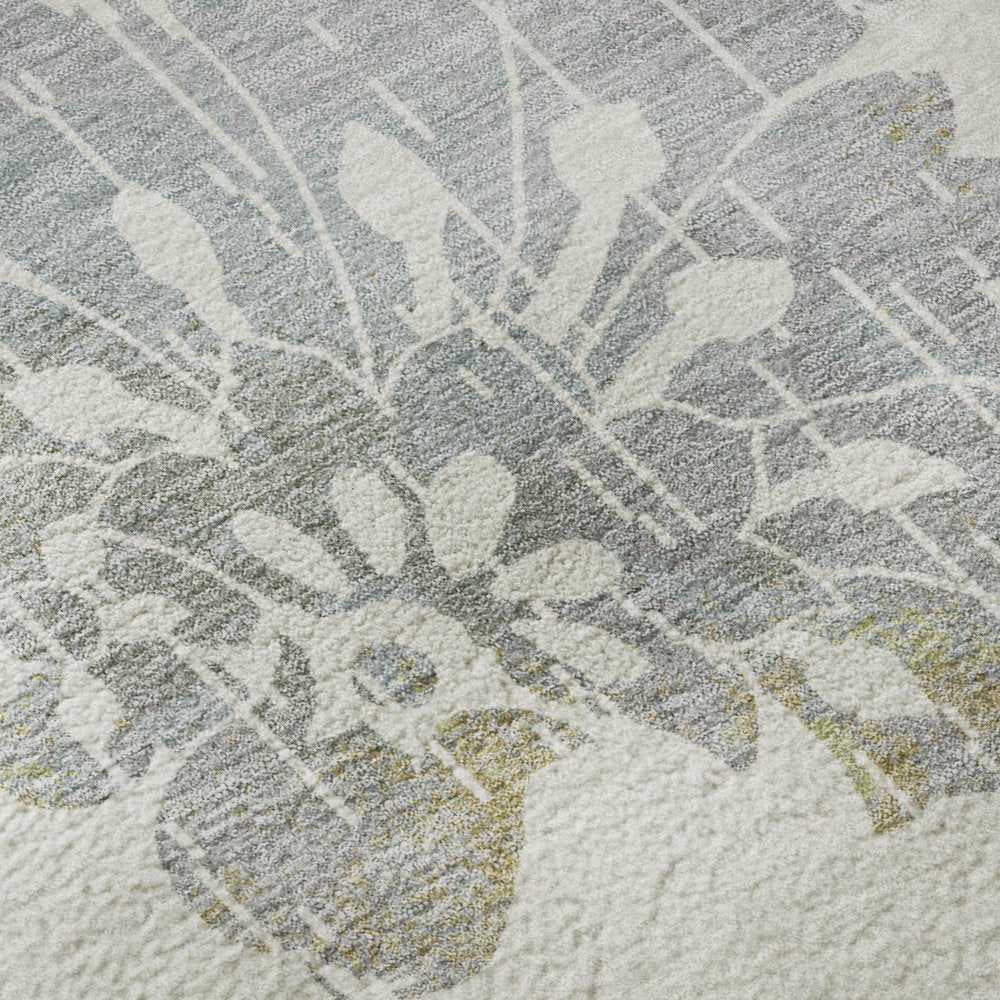 8' Ivory Gray And Gold Floral Washable Round Rug With UV Protection