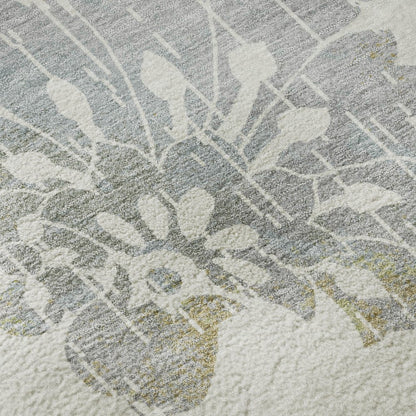 8' Ivory Gray And Gold Floral Washable Round Rug With UV Protection