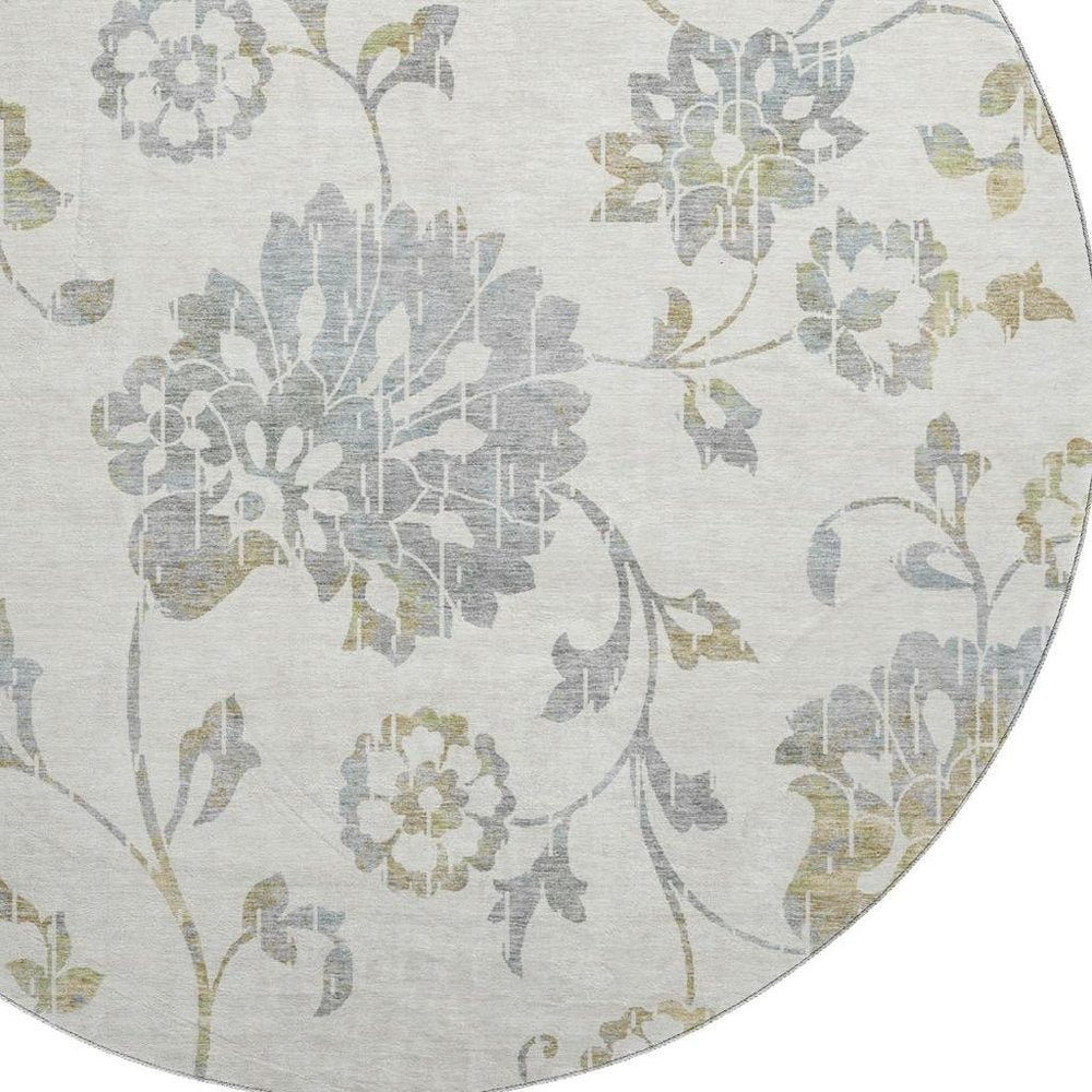 8' Ivory Gray And Gold Floral Washable Round Rug With UV Protection