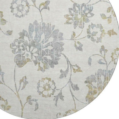 8' Ivory Gray And Gold Floral Washable Round Rug With UV Protection