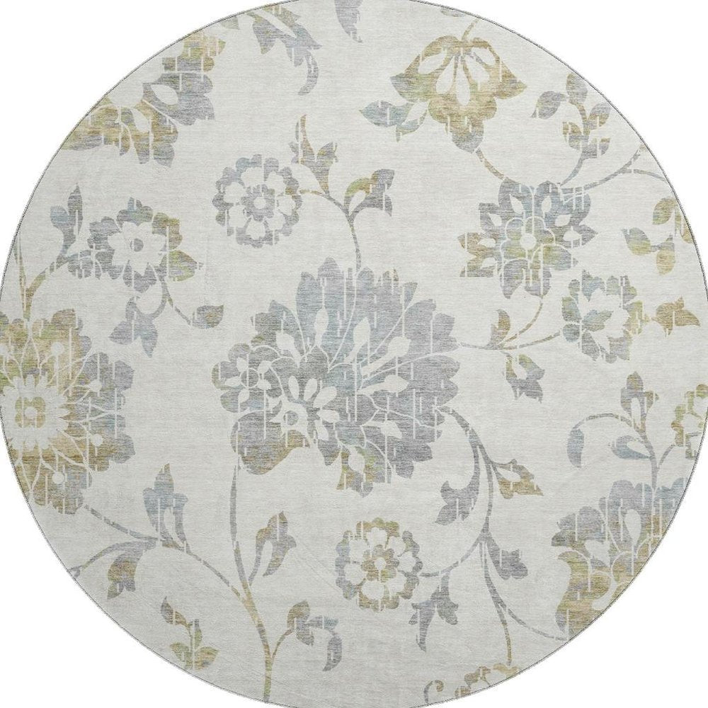 8' Ivory Gray And Gold Floral Washable Round Rug With UV Protection