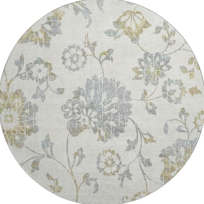 8' Ivory Gray And Gold Floral Washable Round Rug With UV Protection
