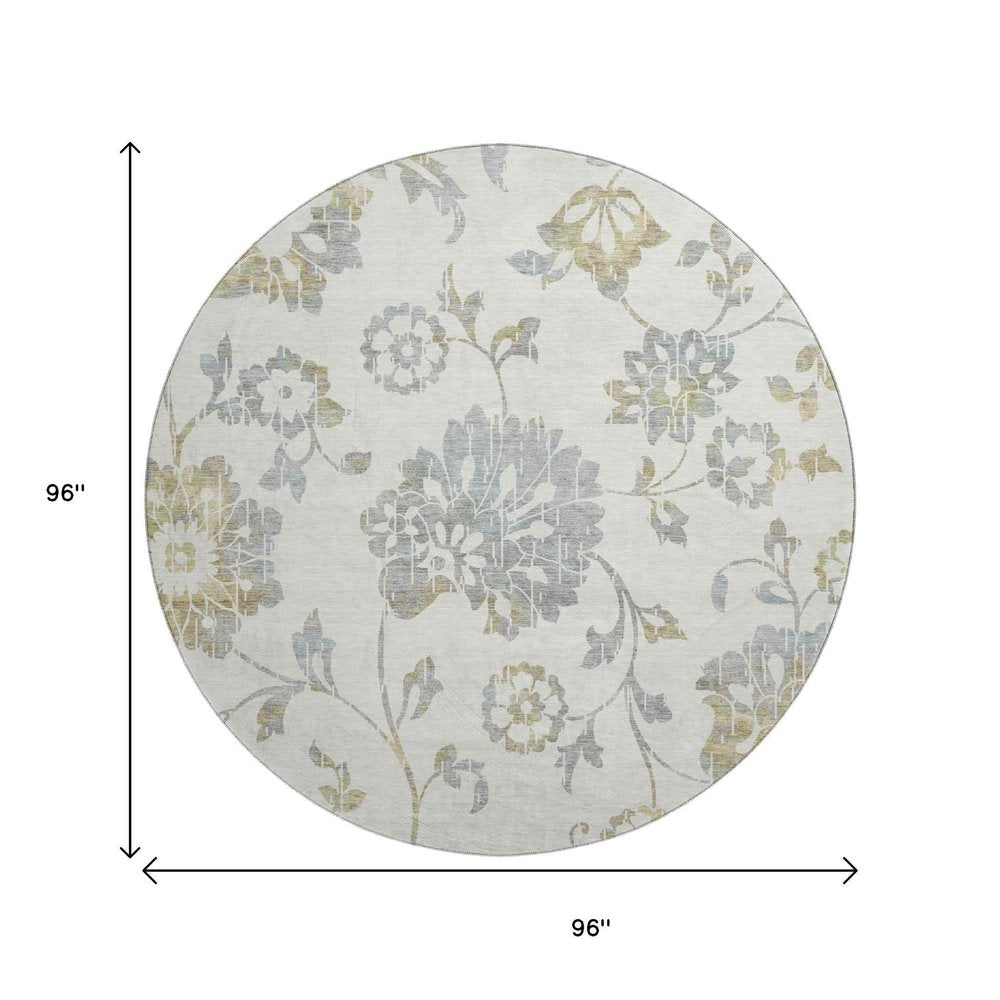 8' Ivory Gray And Gold Floral Washable Round Rug With UV Protection