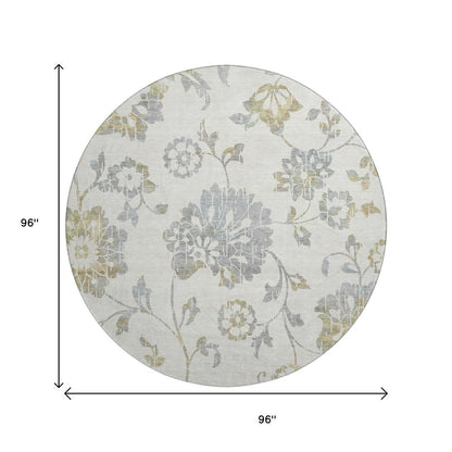 8' Ivory Gray And Gold Floral Washable Round Rug With UV Protection