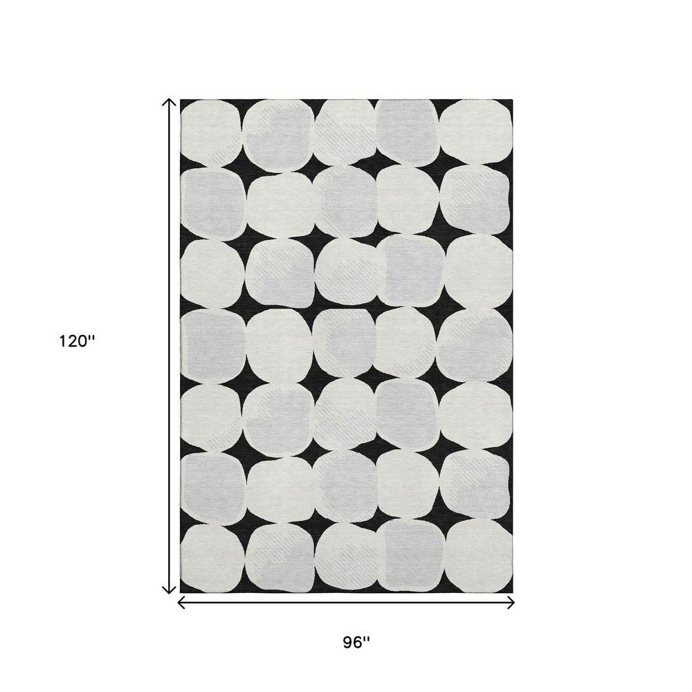 8' X 10' Black And Ivory Abstract Geometric Washable Area Rug With UV Protection