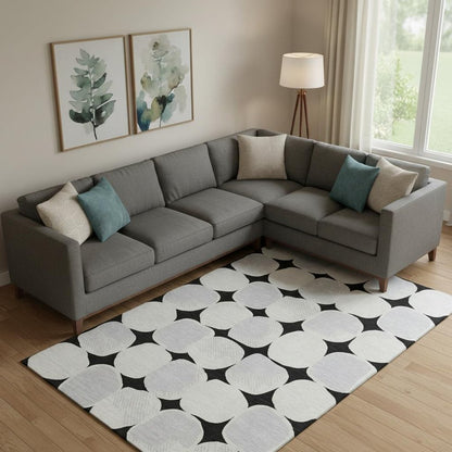 8' X 10' Black And Ivory Abstract Geometric Washable Area Rug With UV Protection