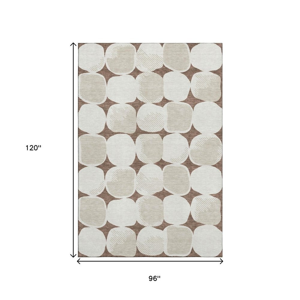 8' X 10' Brown And Ivory Abstract Geometric Washable Area Rug With UV Protection