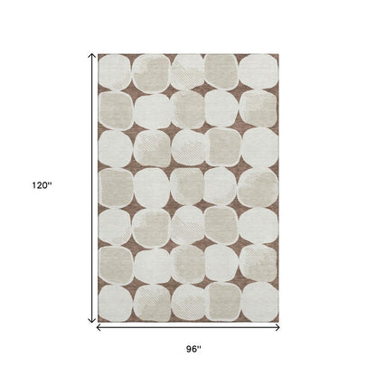 8' X 10' Brown And Ivory Abstract Geometric Washable Area Rug With UV Protection