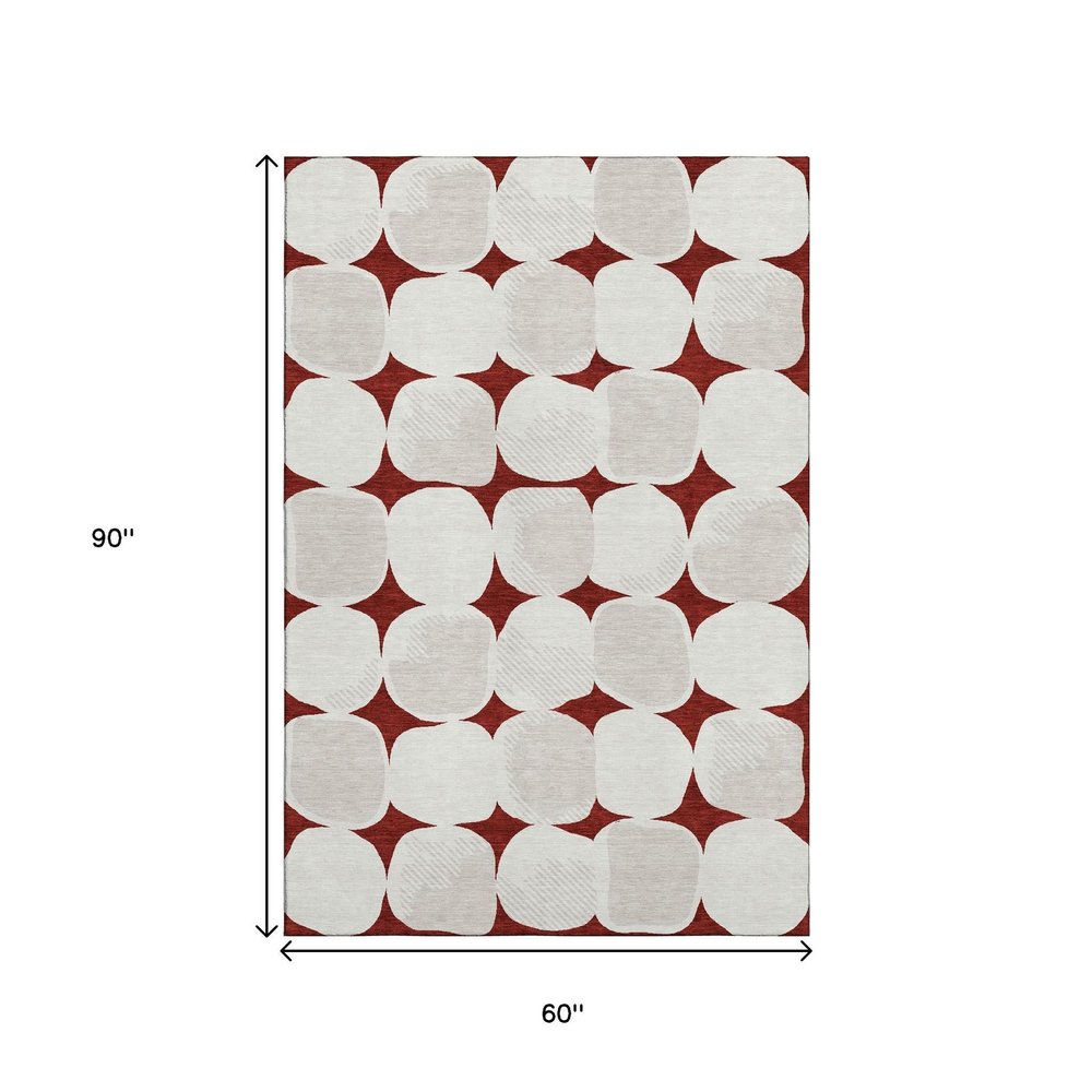 5' X 8' Burgundy And Ivory Abstract Geometric Washable Area Rug With UV Protection